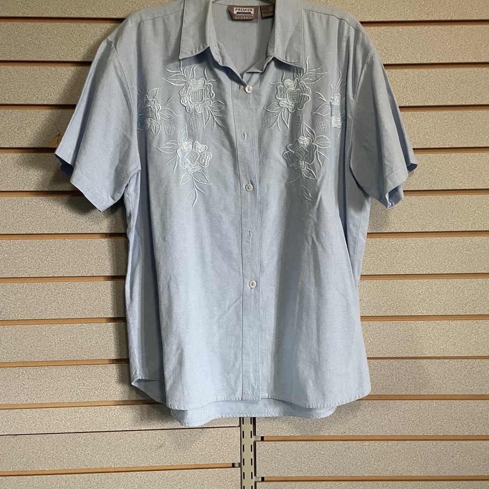 Vintage Premier International Blouse‎ Top Shirt Embroidered Floral Blue Cotton M